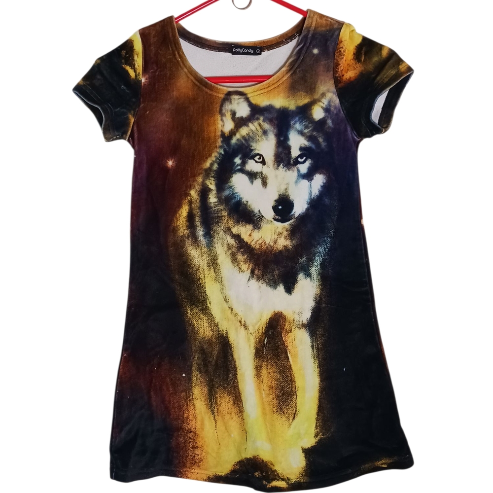 Wolf Print Girls Dress Velour Fabric